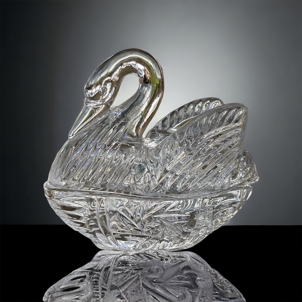 Princess House Small Trinket Dish With Swan Lid Crystal Glass